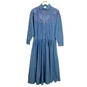 Vintage Maxi Dress Womens Size 10 Blue Denim Drop Waist Cottage Prairie Modest